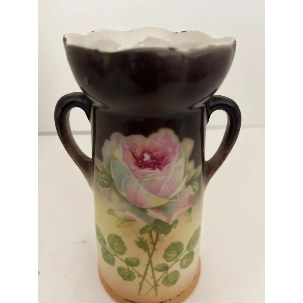 Antique 1900’s Czech Rose Art Pottery Vase 5 1/2” - Picture 3 of 7